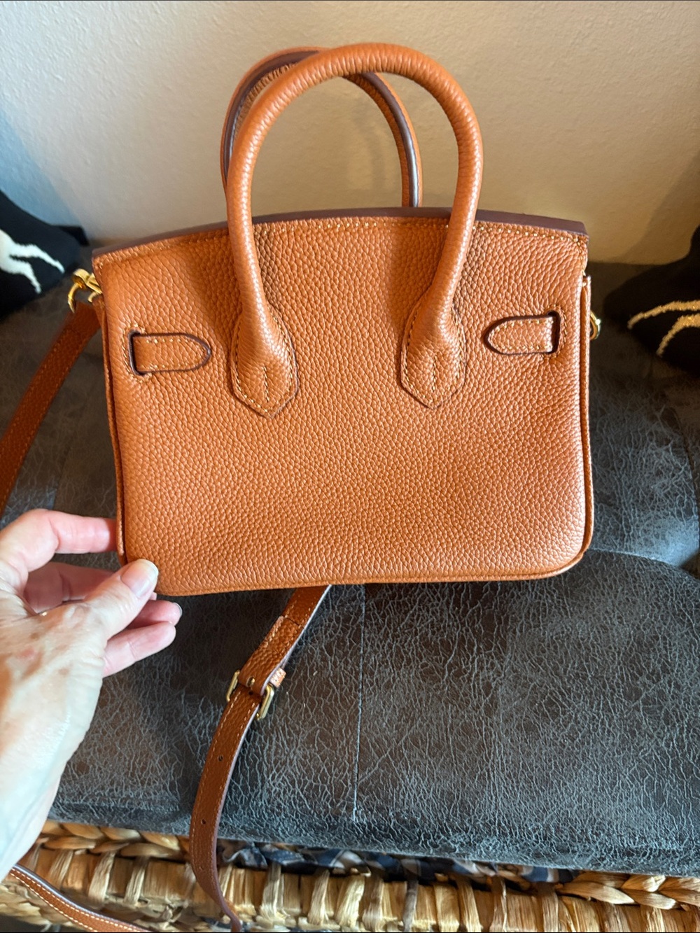 **Women's Tan Pebbled Leather Satchel with Top Handles and Crossbody Strap - Picture 3 of 12